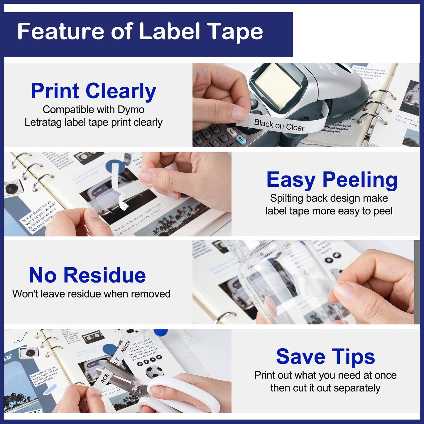 Label Maker Clear Tape Replacement for Dymo Label Maker Refills Clear 1/2'' x 13', Compatible with Dymo Letratag Refills Transparent Plastic Tape Work with LT-100T LT-100H QX50, 4-Pack