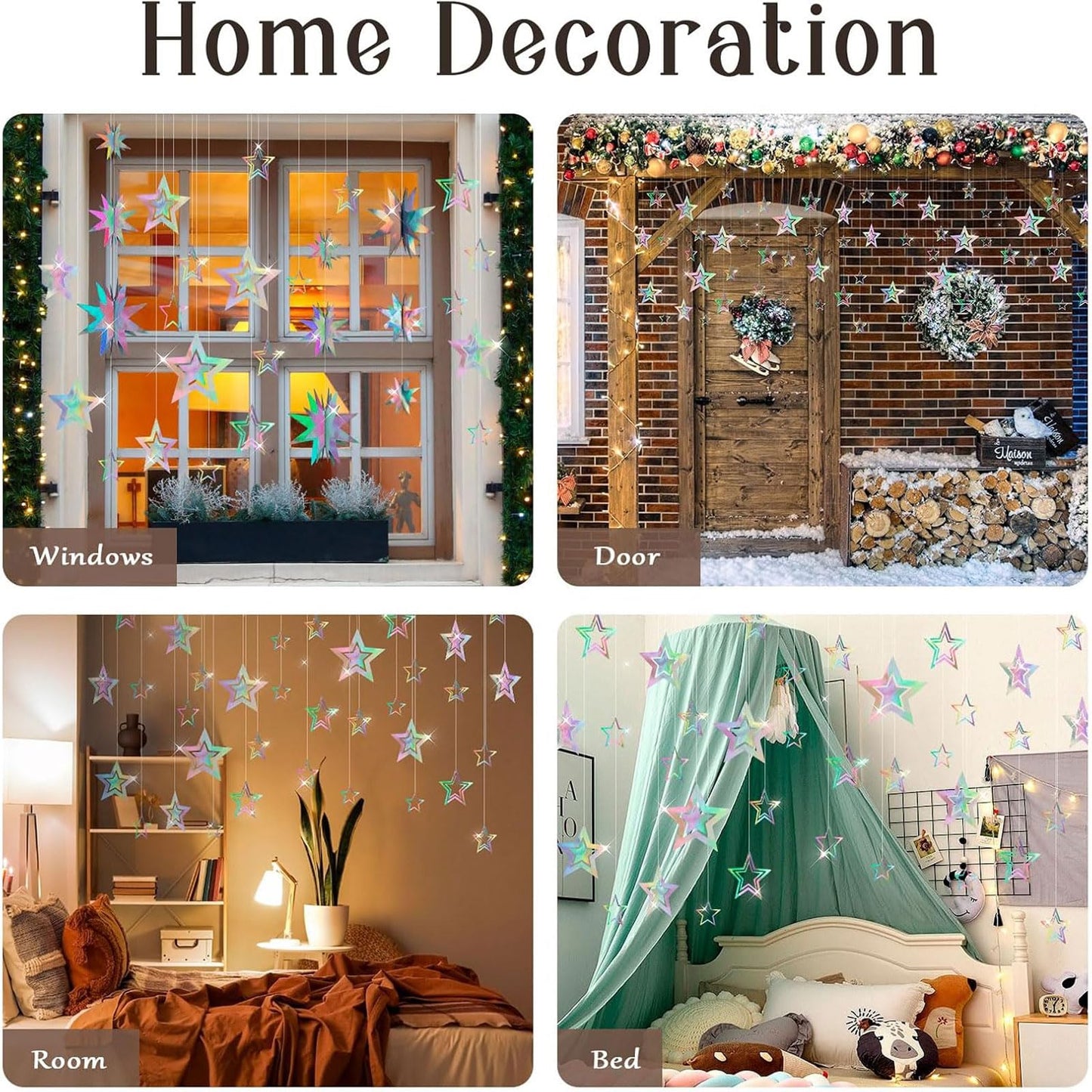AimtoHome Holographic Star Garland Decorations– 14 Rainbow Paper Stars & 5.5ft 3D Twinkle Hanging Decor for Party, Home, Window, Door，Christmas Party Backdrop Decor (Modern Glitter Style)