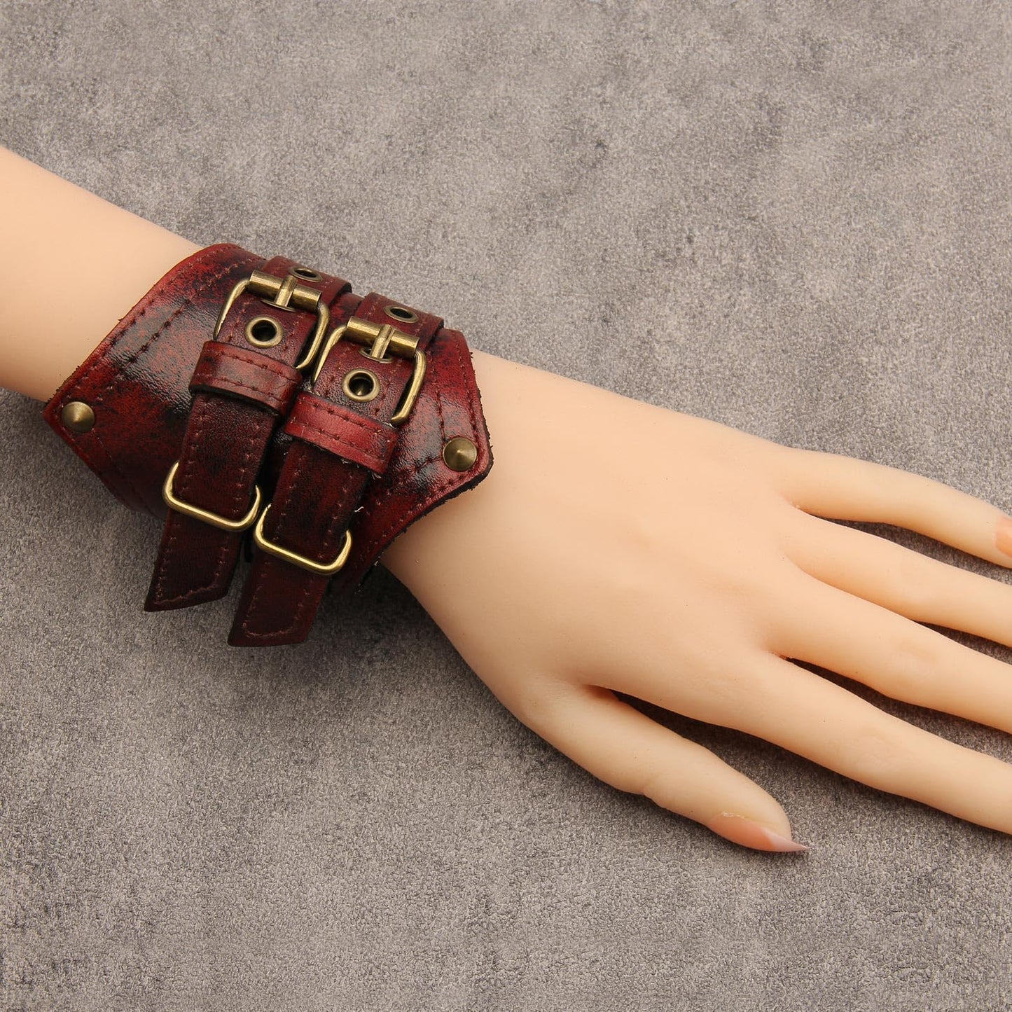 GelConnie Mens Leather Cuff Bracelet Wide Punk Rock Wristband Studded Bracelet Red Adjustable Leather Arm Band