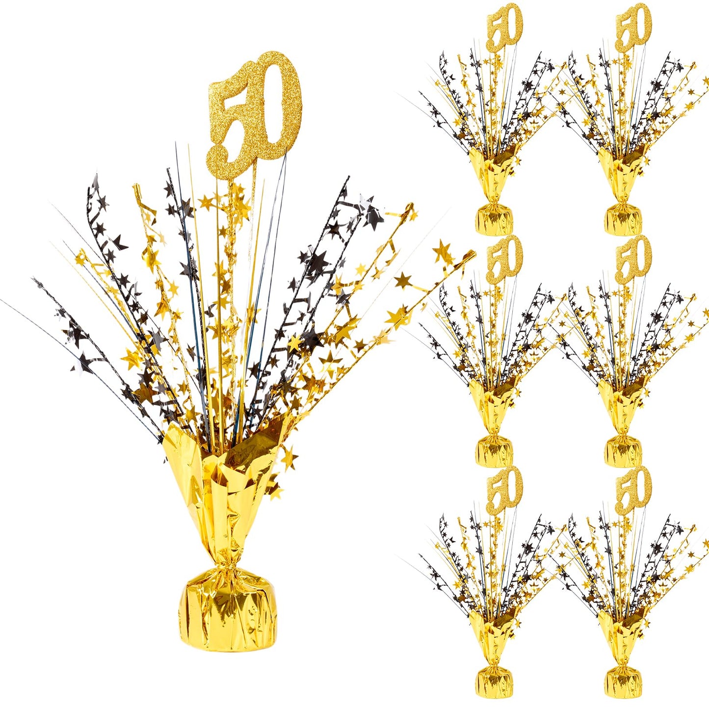 APUDWN 6 Pcs 50th Black and Gold Birthday Table Decorations Metallic Foil Spray Table Centerpiece Black Gold Number Star Burst Centerpiece for Birthday Wedding Anniversary Reunion Party Decor