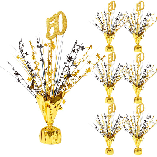 APUDWN 6 Pcs 50th Black and Gold Birthday Table Decorations Metallic Foil Spray Table Centerpiece Black Gold Number Star Burst Centerpiece for Birthday Wedding Anniversary Reunion Party Decor