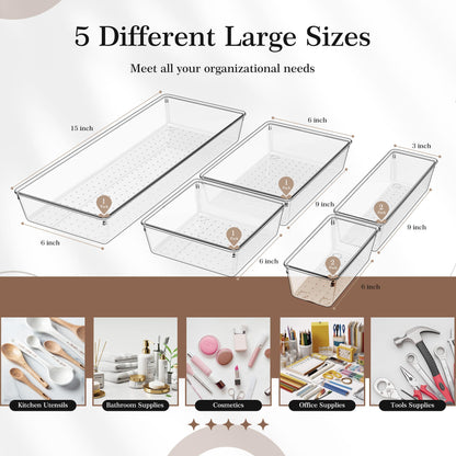 Criusia Drawer Organizer, 10 Pack Large Clear Plast Set, 3 Size Versatile Bathroom and Vanity Organizer Trays, Storage Bins for Makeup, Bedroom, Kitchen Utensils