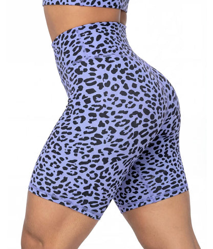 Sunzel 8" Waist Biker Shorts for Women No Front Seam Soft Yoga Workout Gym Bike Shorts Tummy Control Squat Proof Leopard Periwinkle X-Small