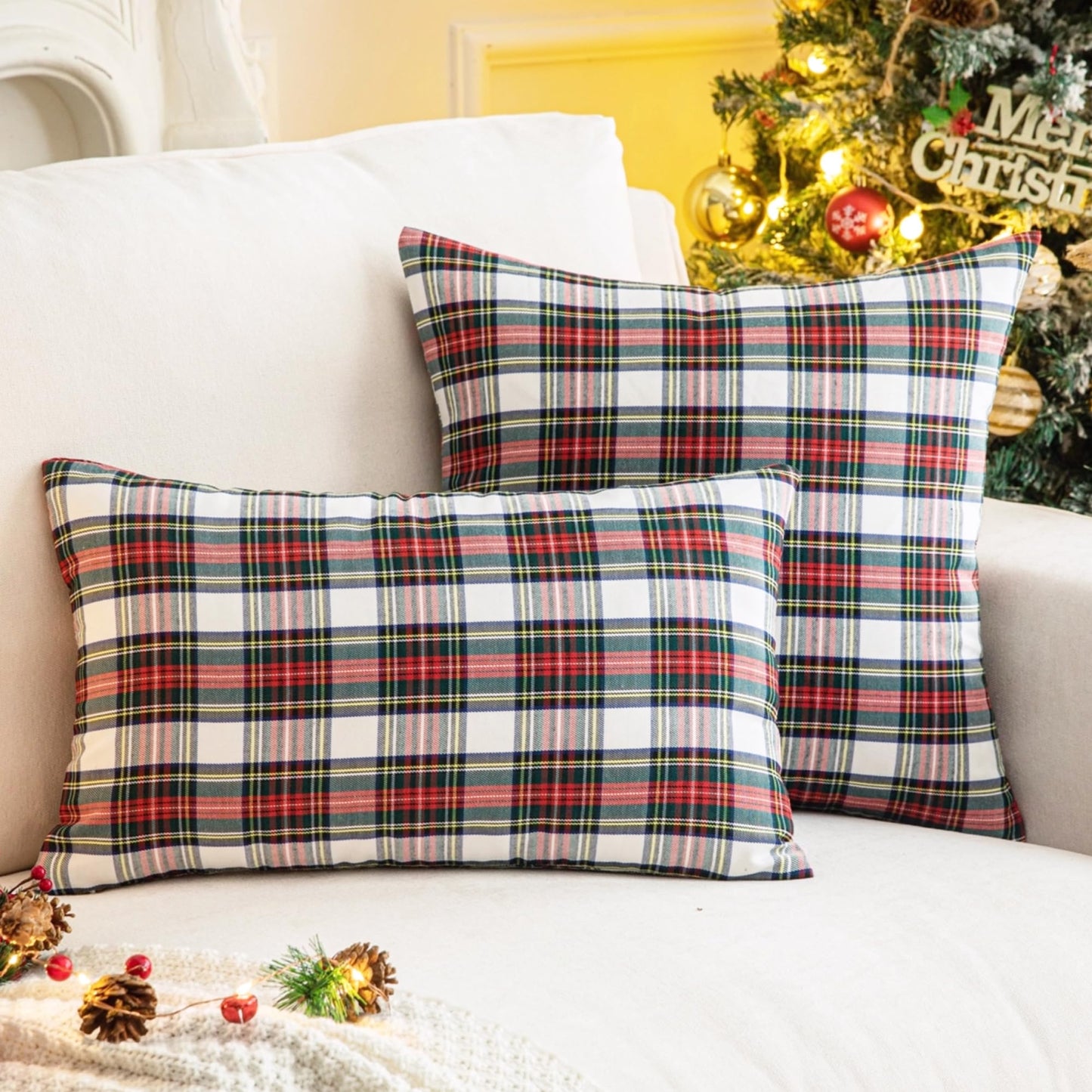 AQOTHES Pack of 2 Christmas Plaid Decorative Throw Pillow Covers Scottish Tartan Cushion Case for Farmhouse Home Holiday Decor Red and White, 24 x 24 Inches