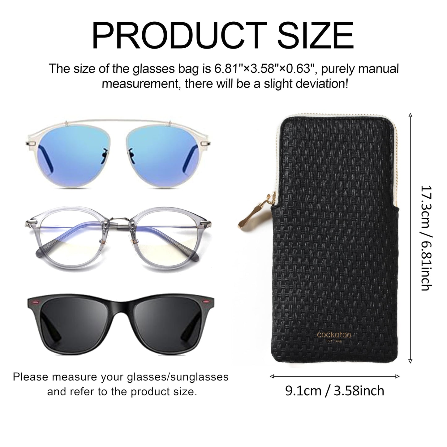 Cockatoo Portable Glasses Case, Drop-Resistant Eyewear Storage Pouch, Slim Soft Case for Sunglasses, with Cleaning Cloth (Black)