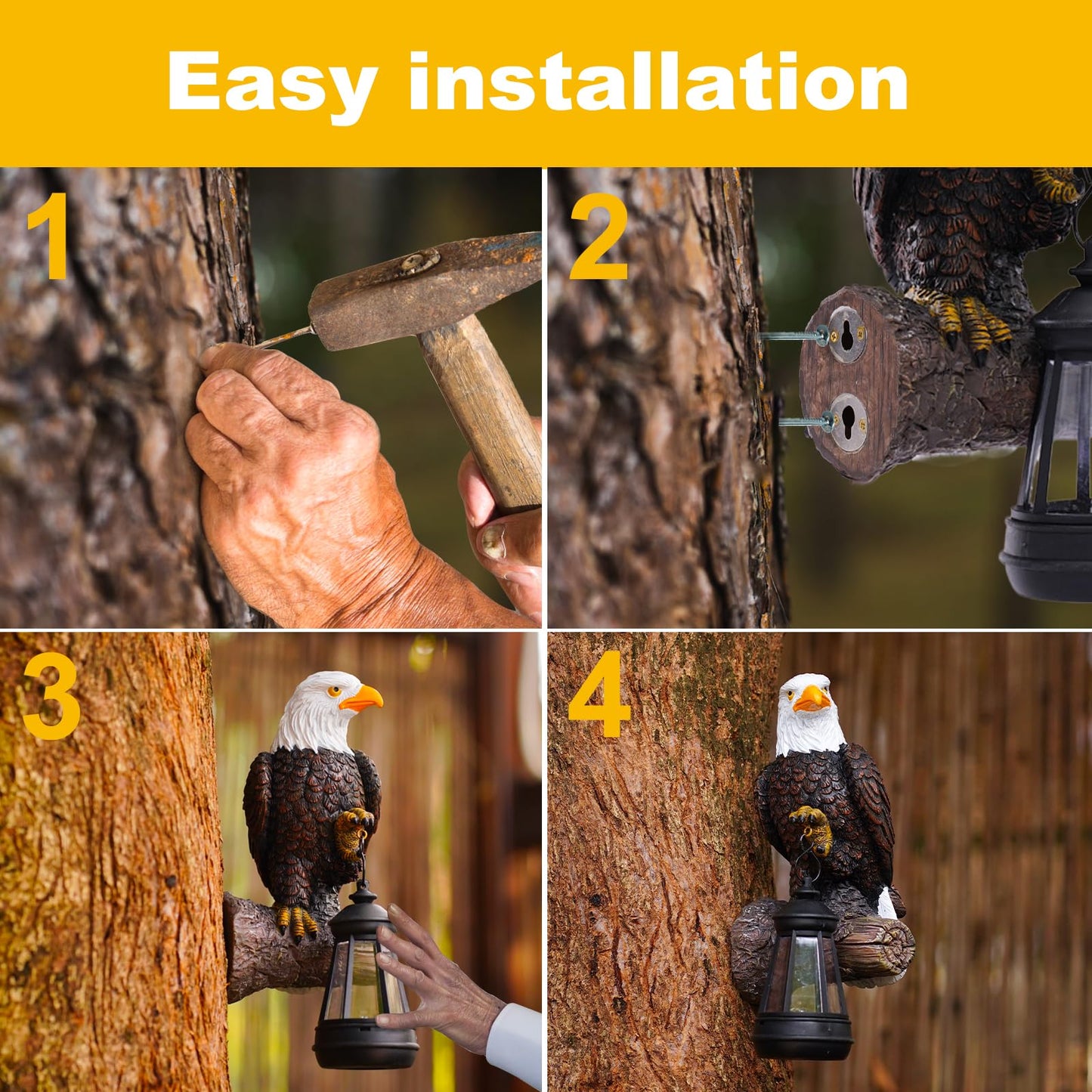 Fashionoda Eagle Tree Hugger with Solar Lantern - Resin Eagle Statue for Outdoor Garden Decor - Ideal Eagle Housewarming & Birthday Gifts for Grandma Mom Women