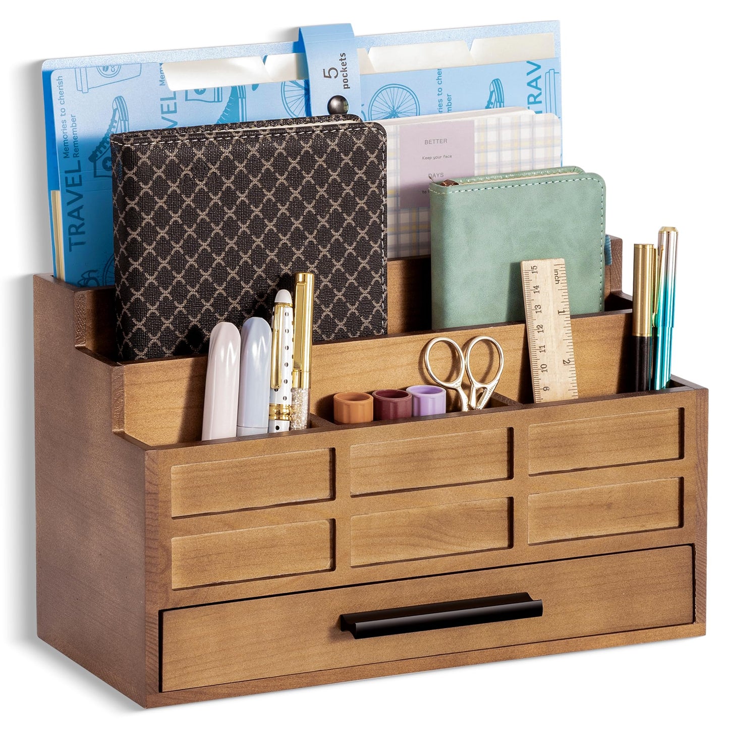 dreampossible Brown Wood Desk Organizer and Accessories with Drawer, Bill Mail Organizer and File Mail Holder for Office Supplies, Rustic Desk Accessories & Workspace Organizers