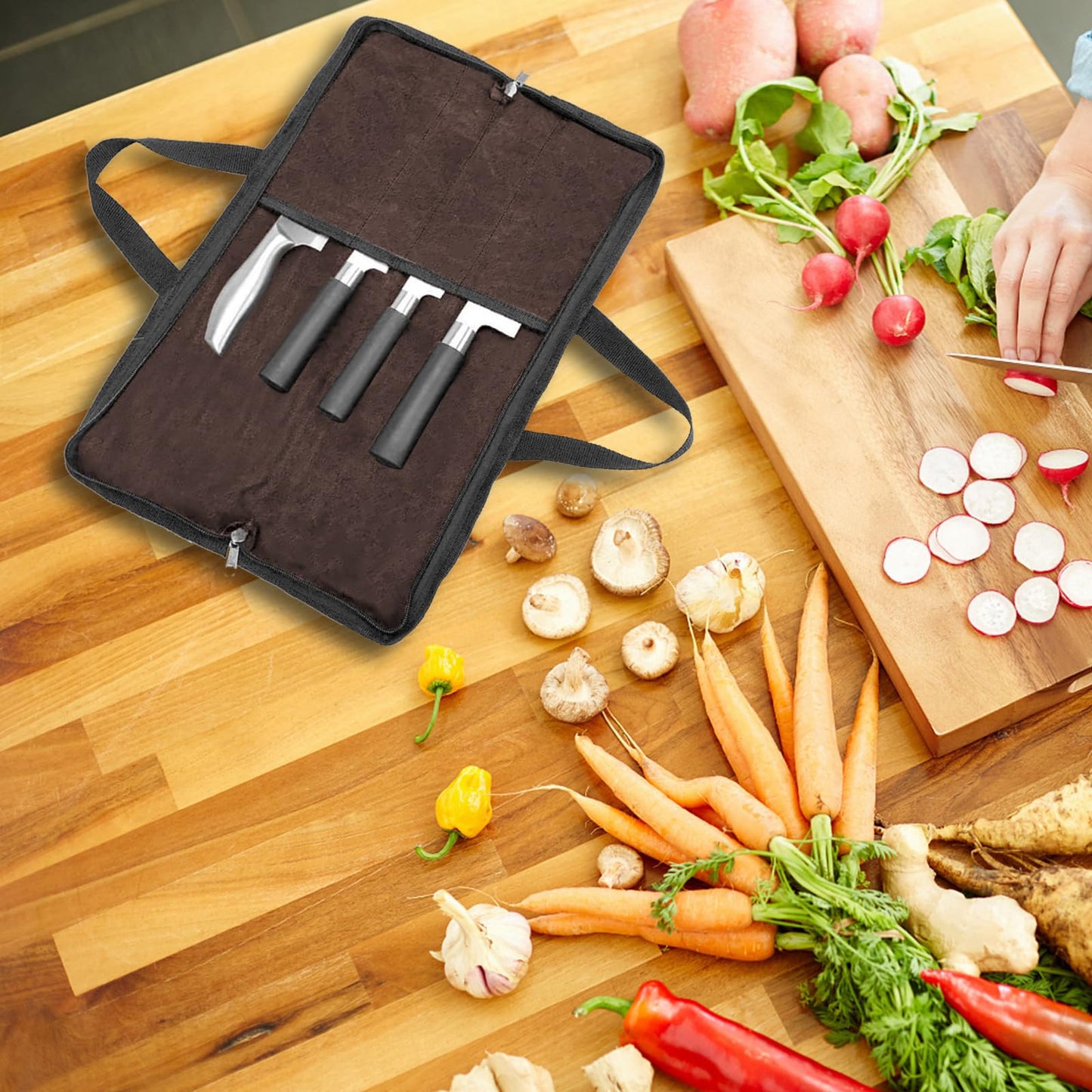 QEES Knife Roll,Heavy Duty Knife Bag,Waxed Canvas knife Case with 4 Slots For Knives & Kitchen Tools,Chef Knife Bag With Handle.Portable Knife Roll Bag For Chefs Culinary Traveling.Knives Pouch