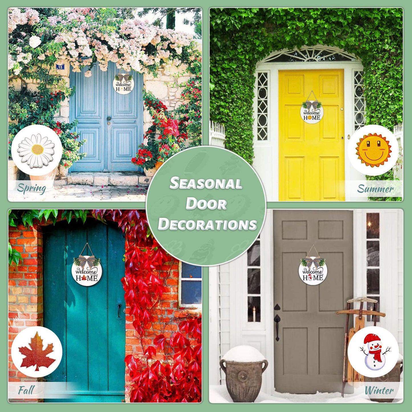 Interchangeable Welcome Sign for Front Door - Solid Wooden Welcome Wreaths with 16 Seasonal Holiday Icons Front Door Decor for Farmhouse Hanging, Valentine's, Easter Christmas Housewarming Gift Decor