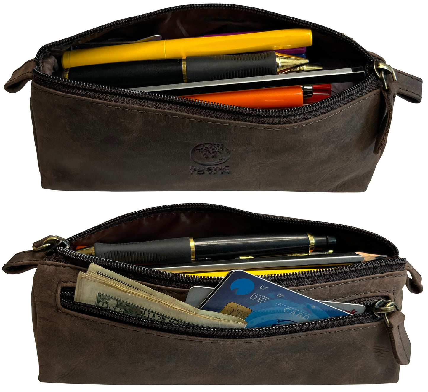 RUSTIC TOWN Leather Pencil Case - Handcrafted Zippered Stationery Bag, Marker Pen Pouch for Work & Office - Multi-Purpose Travel Organizer for Men & Women