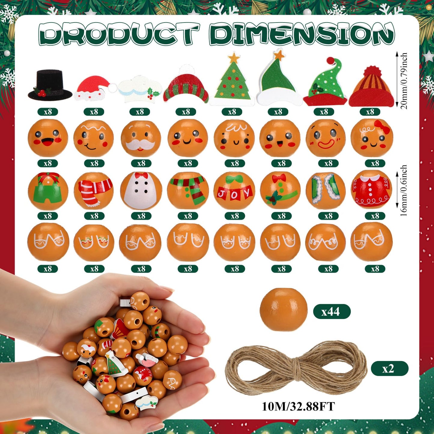 Geelin 300 Pcs Christmas Wood Beads with Twine - Santa Gingerbread Snowman Winter Animals Wooden Round Bead for Hanging Ornaments DIY Crafts Garland Holiday Tree Decor(Gingerbread Man)