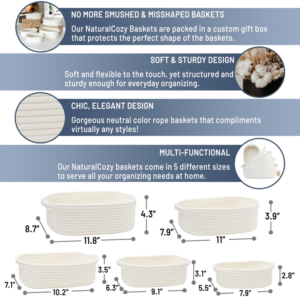 NaturalCozy 5-Piece Rectangle Storage Basket Set- Natural Cotton Rope Woven for Organizing! Small Basket for Montessori, Baby Nursery, Dog Toy Baskets, Cat Toy Box, Bathroom Organization Bin