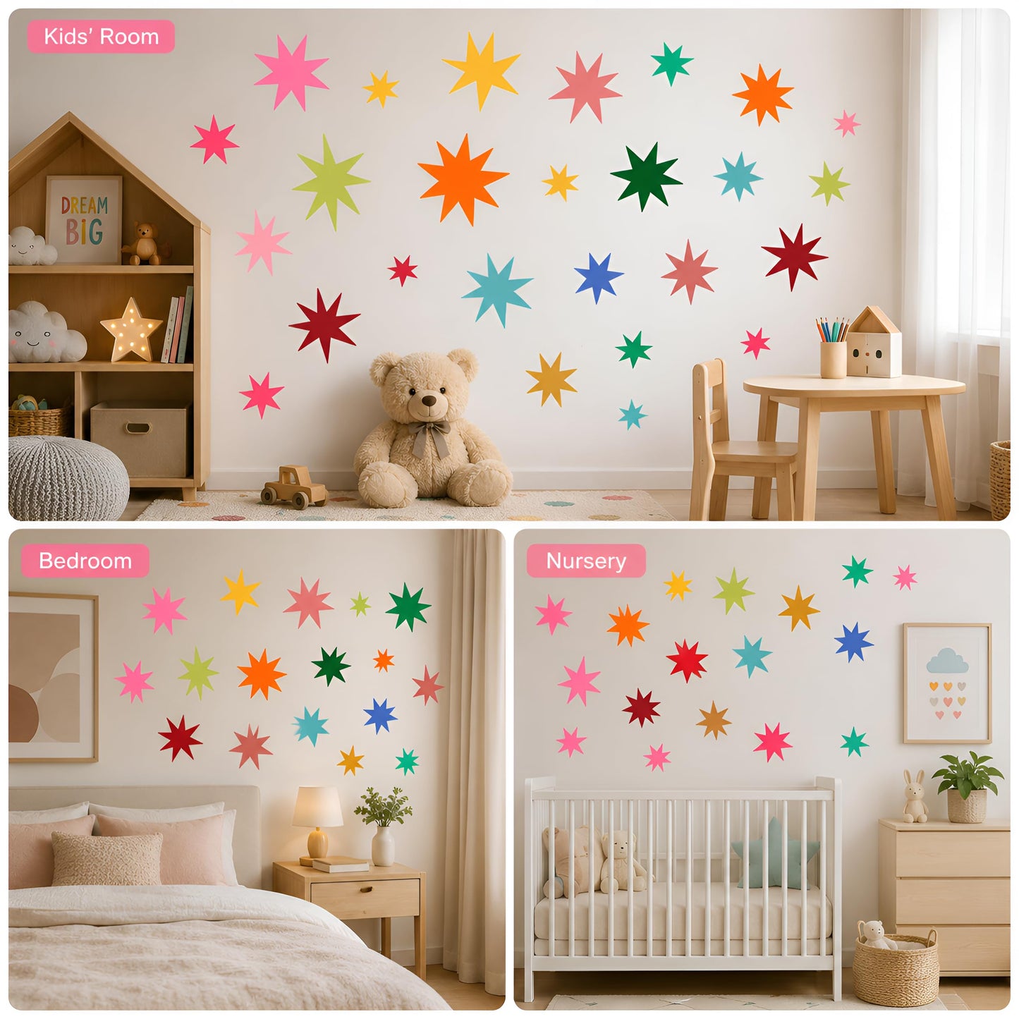 Wild Earth Colourful Stars Wall Stickers, Cosmic Carnival Wall Stickers, Removable Fabric Sticker, Wallpaper Effect Wall Sticker Irregular Star Wall Sticker Decals Nursery Playroom Decor (68 PCS)