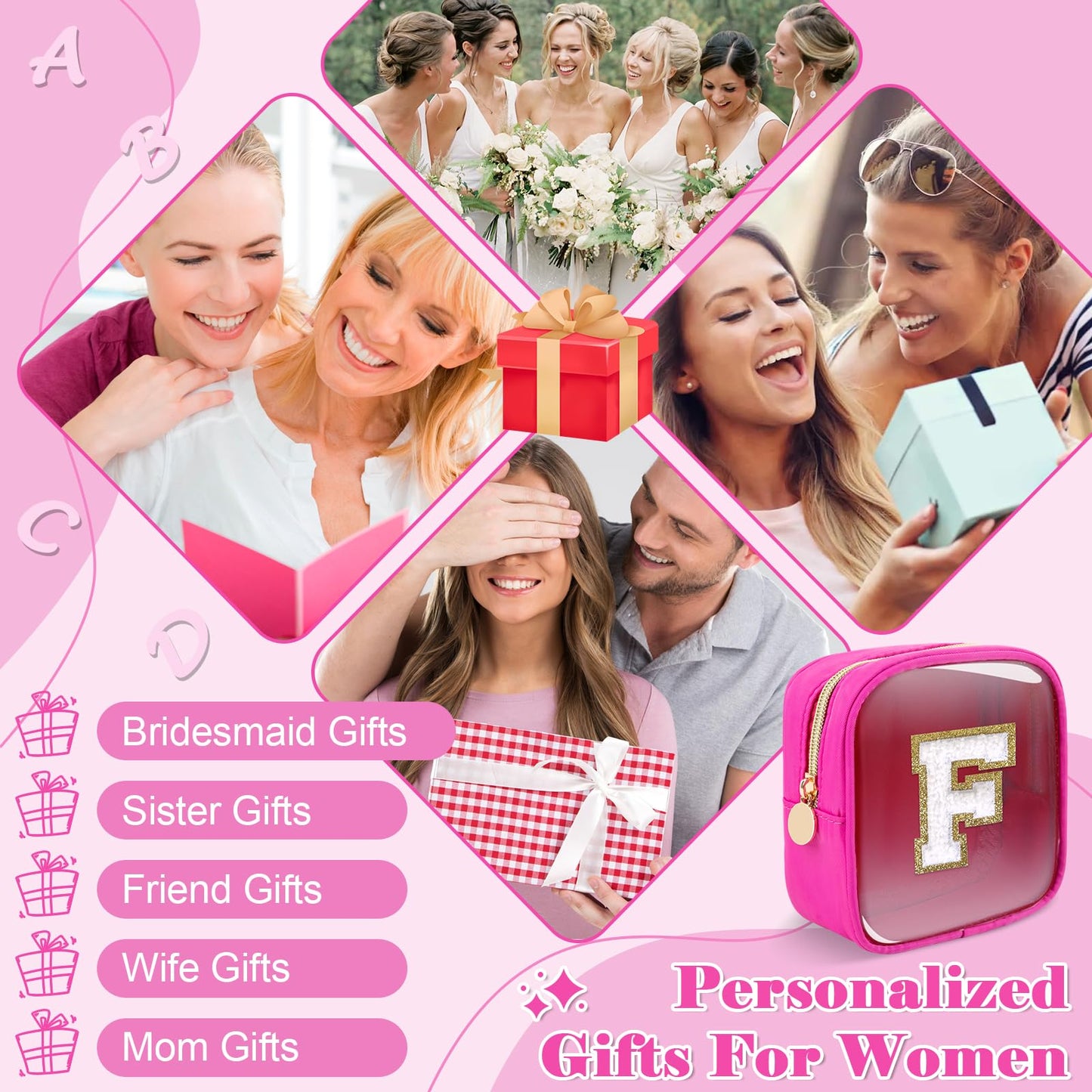 Personalized Initial Letter Clear Preppy Makeup Bag,Mini Nylon Chenille Letter Cosmetic Bag Cute Zipper Pouch Coin Purse for Teen Girls,Portable TSA Approved Travel Essentials Bag Gift for Women,F