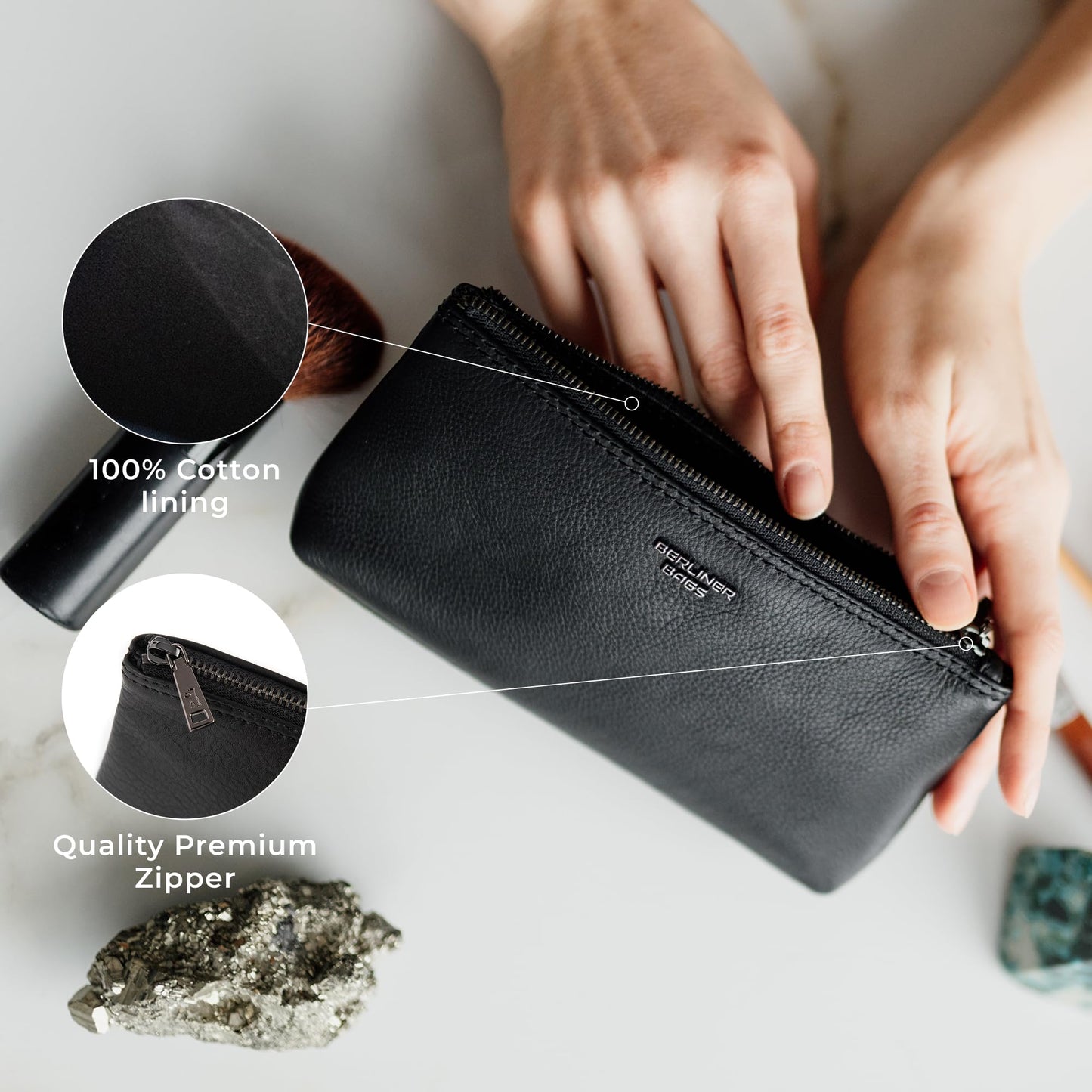 BERLINER BAGS Premium Genuine Leather Makeup Bag Anna, Cosmetic Bag for Purse, Travel and Cosmetics Pouch with Zipper for Women - Black