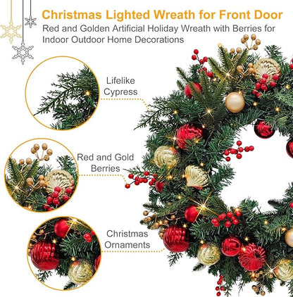 28’’ Pre-Lit Artificial Christmas Wreath, Battery Operated 35 LED Lights with Faux Greenery, Pine Cones, Berries for Front Door, Xmas Wreath for Holiday Christmas Home Decorations