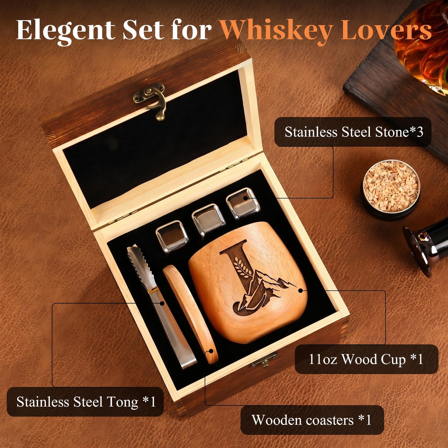 Personalized Gifts for Men, Charred Wooden Whiskey Glasses, Bourbon Old Fashioned Tumbler, Birthday Gifts for Men Dad Husband Brother Boyfriend, Unique Drinking Glass Gifts for Whiskey Lovers (J)