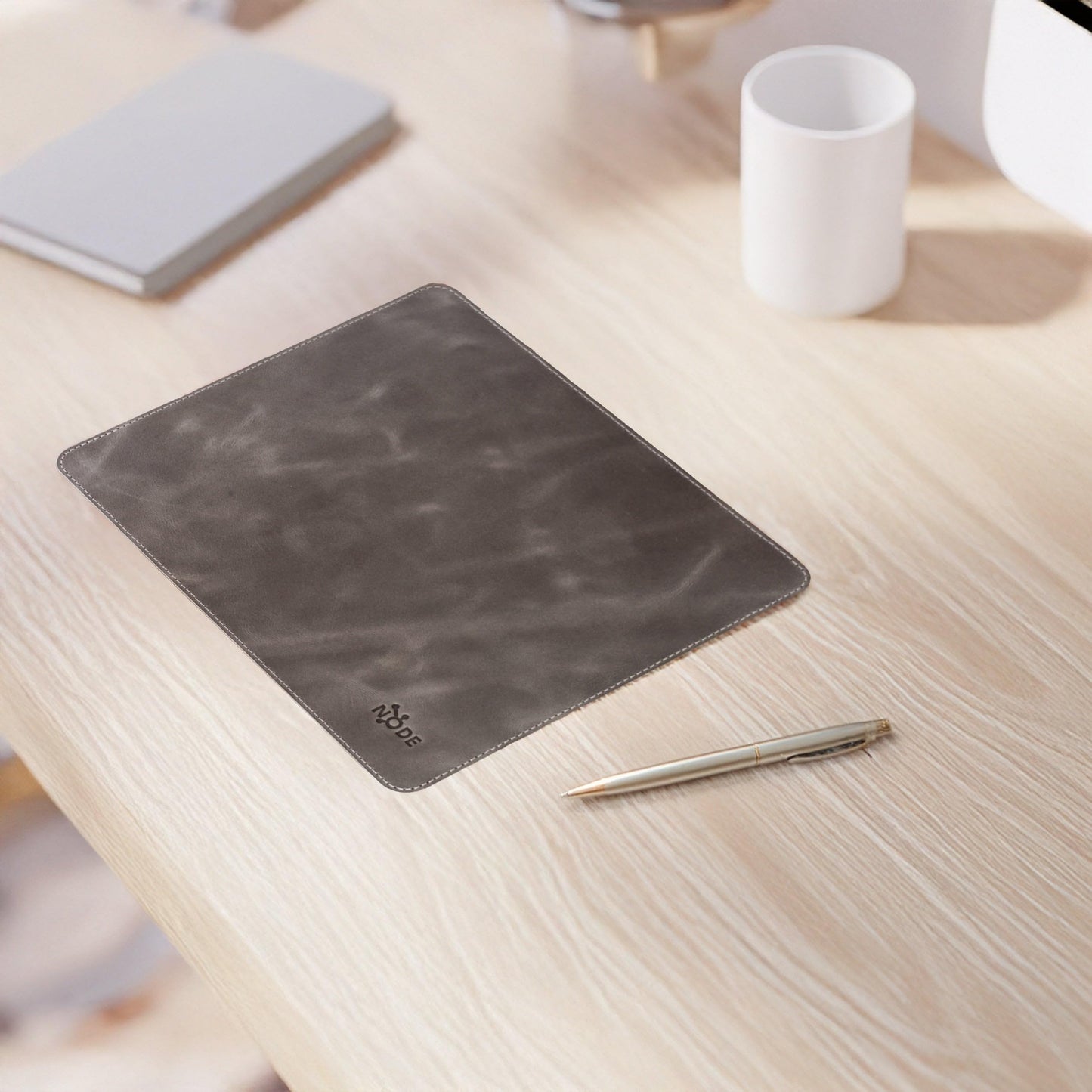 Node Leather | Genuine Leather Mouse Pad for Office & Home – Non-Slip Premium Leather Mouse Mat – Handmade, 9" X 10" Size, Cloudy Light Gray