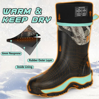 Kalkal Women's Insulated Waterproof Rubber Boots - 6mm Neoprene Camo Tall Rain Boots | Sizes 5-11