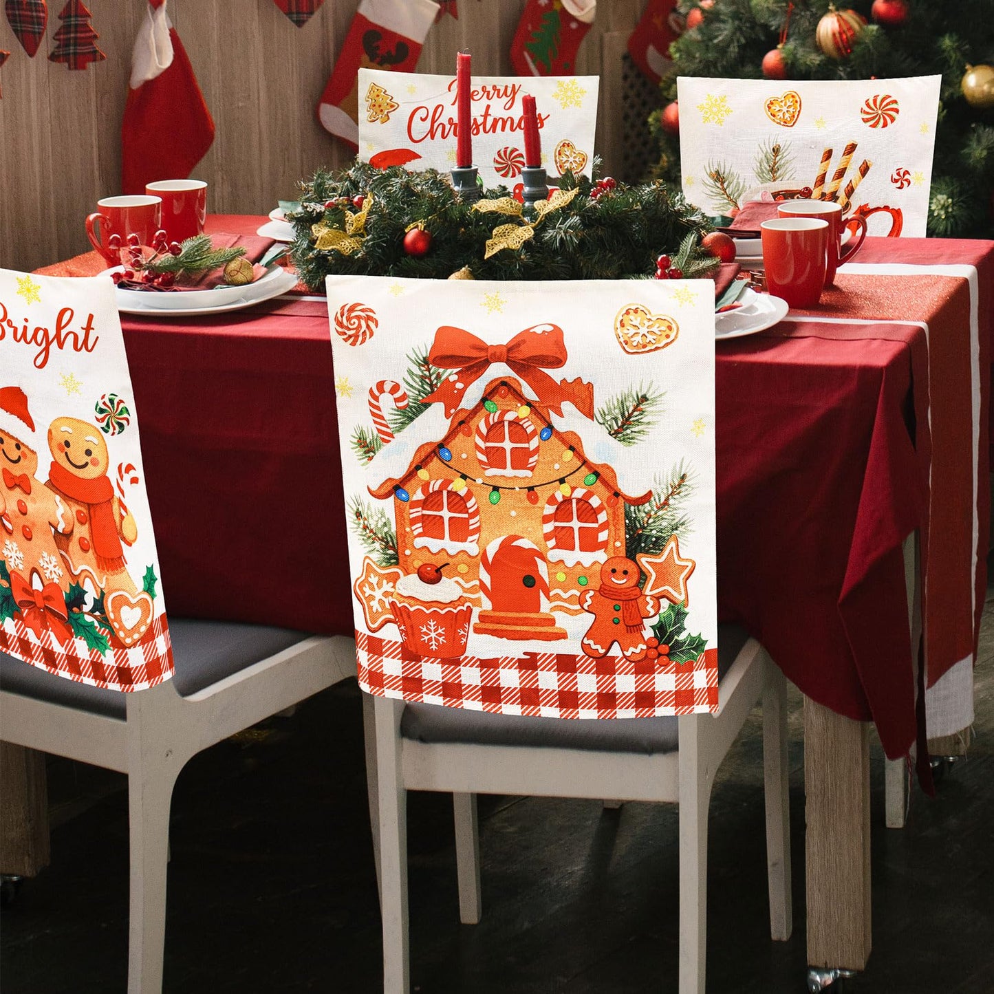 Whaline 4Pcs Christmas Chair Back Cover Red White Plaid Gingerbread Man Candy Cookie Seat Covers Dining Chair Slipcover Protector for Winter Xmas Home Kitchen Decor