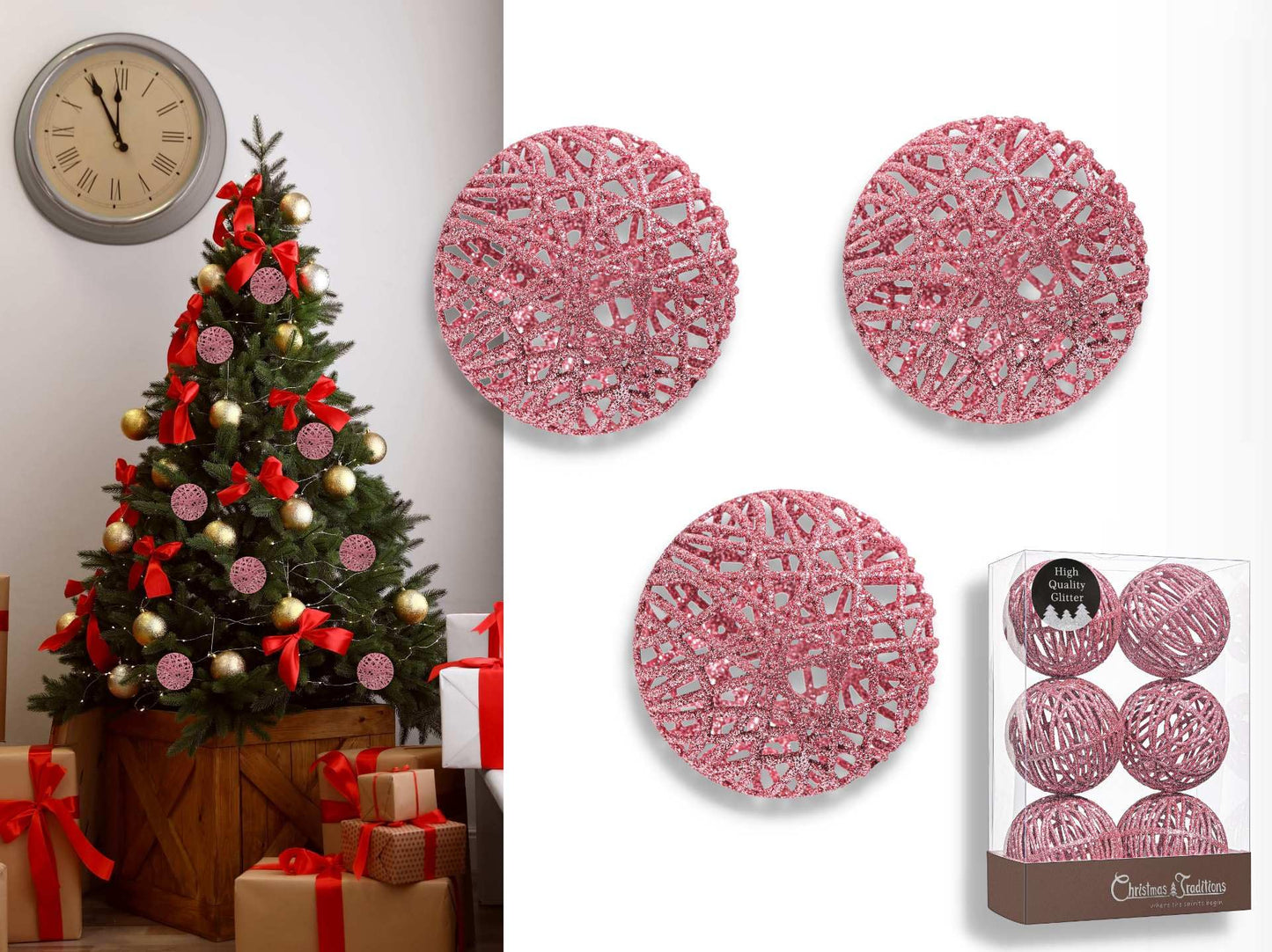 Christmas Traditions 4 inch Pink Glittered Rattan Ball Ornaments Hanging Tree Decorations (Set of 6) (Pink)