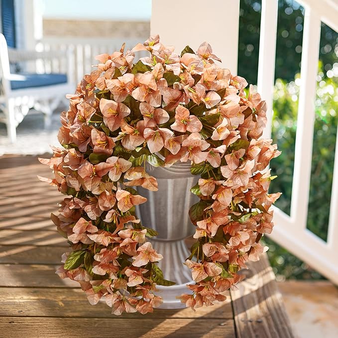 HyeFlora Bougainvillea Artificial Hanging Flowers Plants for Outdoors Winter Decoration, 2pcs Faux Bougainvillea Vines Brown Fake Flowers Realistic UV Resistant Silk Flowers for Outside Planter Yard