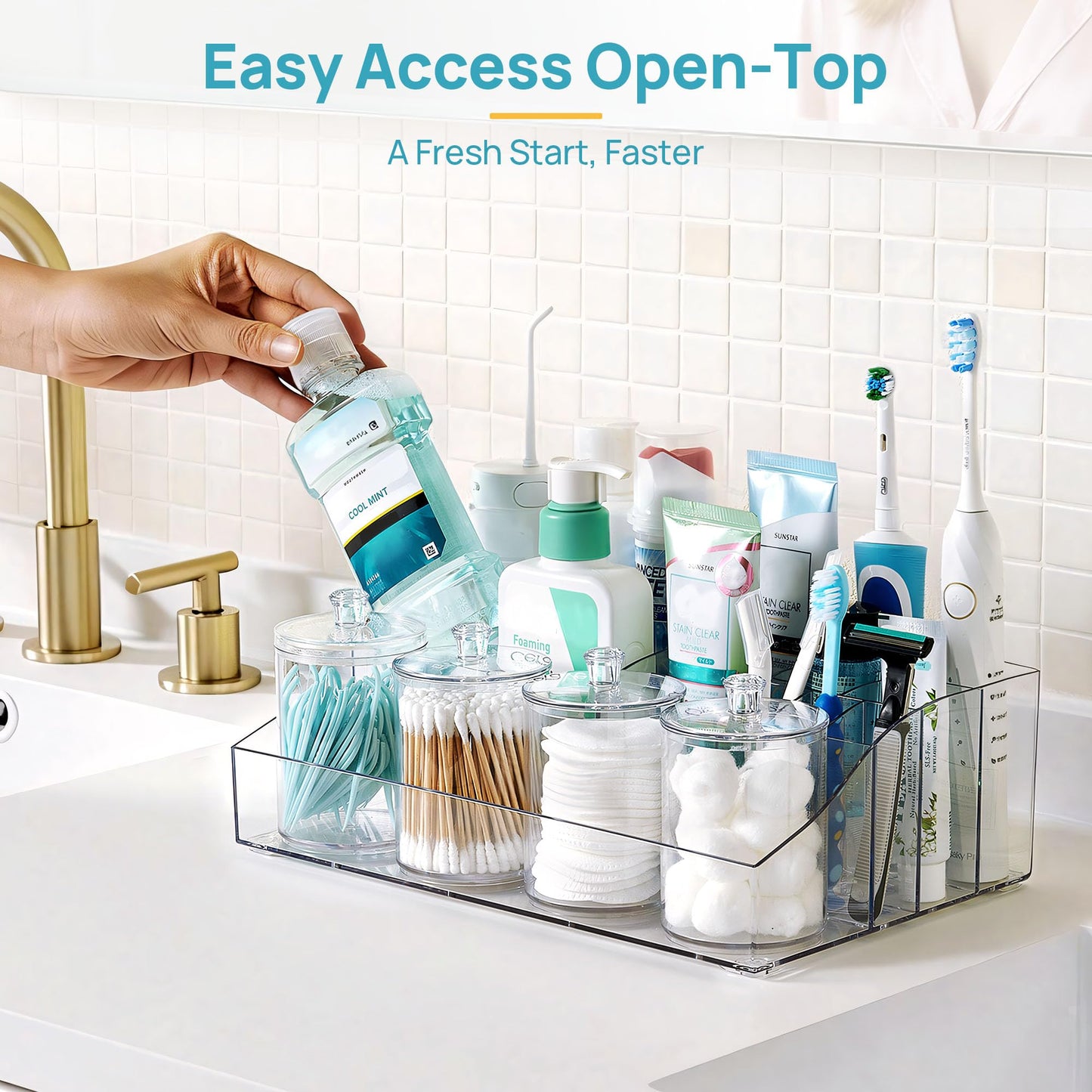 Vtopmart 5 PCS Bathroom Countertop Organizer, 1 Divided Tray with 4 Qtip Holder Jars, Restroom Clear Organizers for Toothbrush, Cotton Pads Balls, Floss, Bathroom Vanity Accessories Storage Set