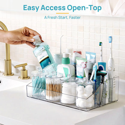 Vtopmart 5 PCS Bathroom Countertop Organizer, 1 Divided Tray with 4 Qtip Holder Jars, Restroom Clear Organizers for Toothbrush, Cotton Pads Balls, Floss, Bathroom Vanity Accessories Storage Set