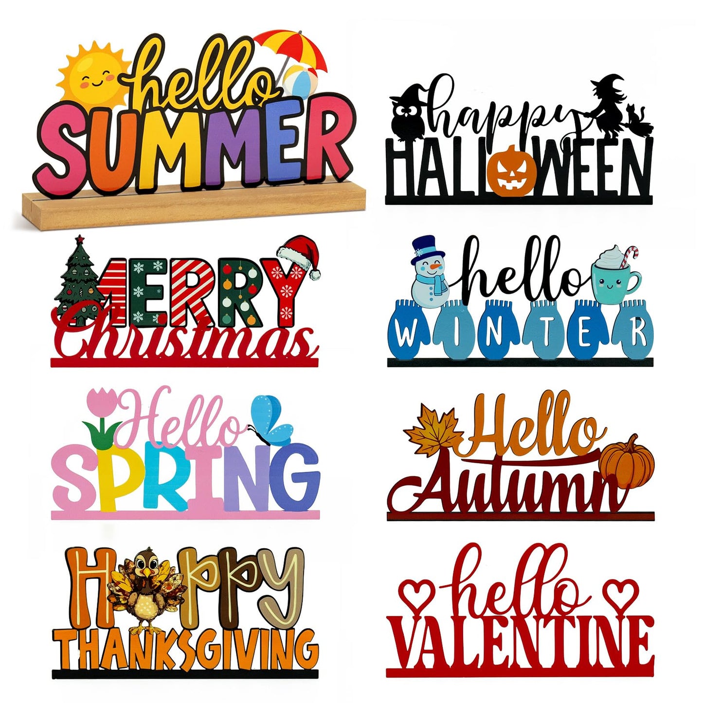 Interchangeable Seasonal Decor Table Sign Set with Wooden Base, 8PCS Holiday & Seasonal Signs for Home Decor, Farmhouse Tiered Tray Decor for Spring Summer Autumn Winter Christmas Halloween