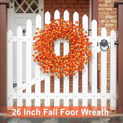 26 Inch Realistic Fall Wreaths for Front Door Outside Autumn Wreath Outdoor Indoors Fall Decorations for Home Thanksgiving Halloween Holiday Decorations Clearance for Wall Porch Door (Orange)