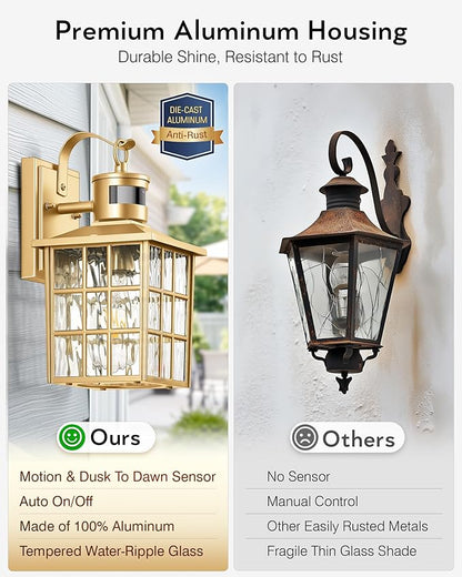VIANIS Gold Outdoor Wall Lights, 2 Pack Motion Sensor Exterior Lights for House Wall Mount Sconce Lamp, Dusk to Dawn Porch Light Fixture, Golden Outside Garage Light Lantern with Tempered Ripple Glass