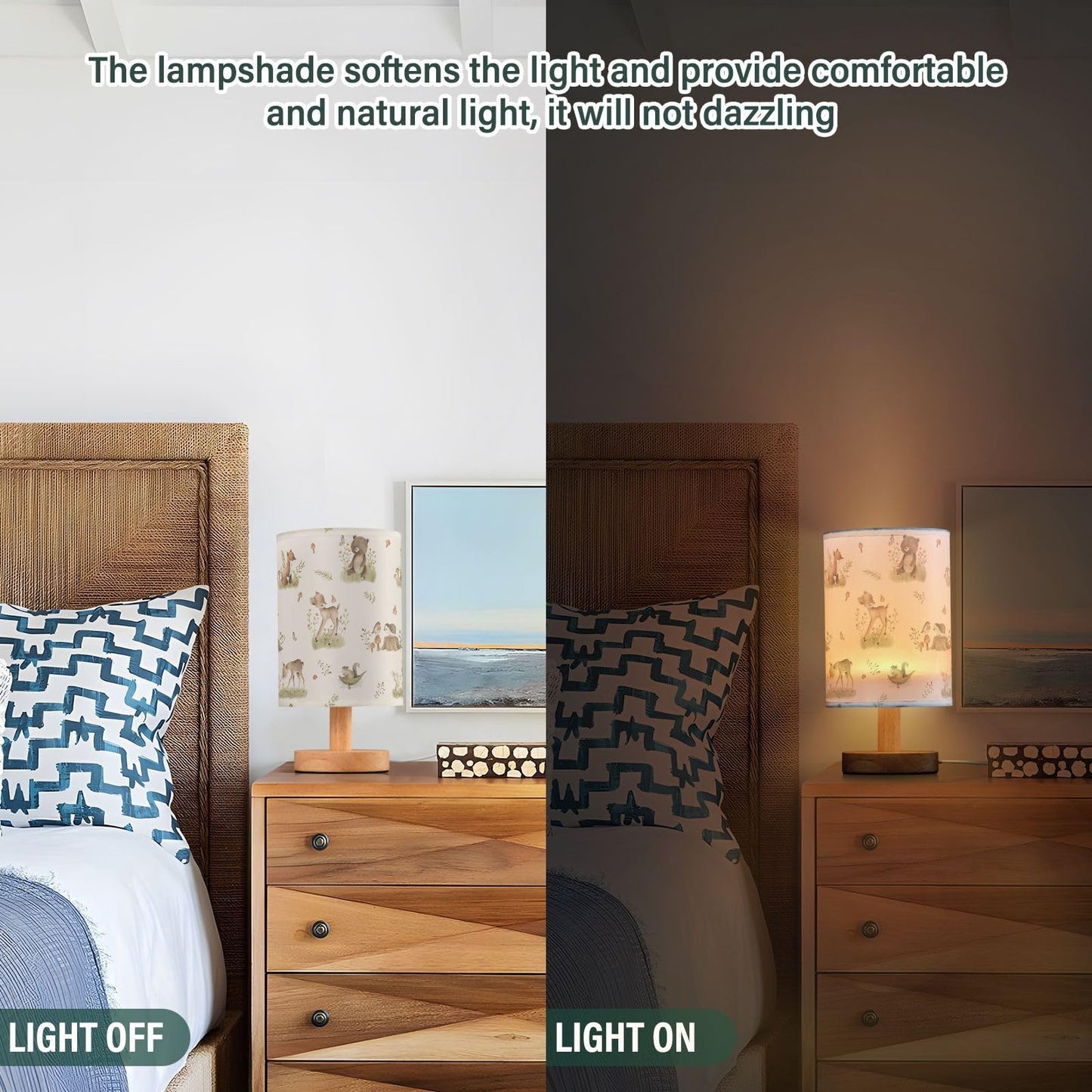 Oarencol Bedside Table Lamp Woodland Animals Nightstand Lamp with Wood Forest Fox Deer Rabbit Bird Bear Mushroom Desk Lamps for Bedroom Living Room Nursery Office Home Decor