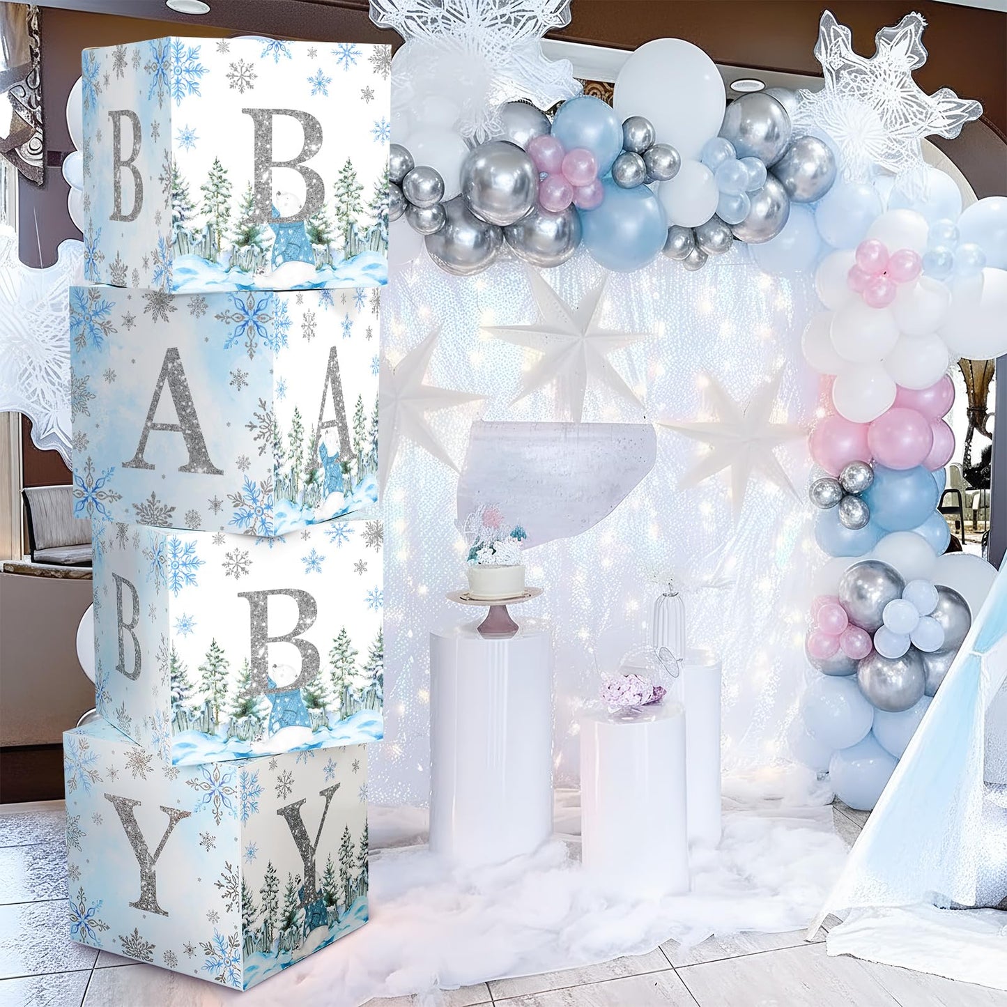 AmazingSpark 4 Pcs Winter Snowflake Blue Baby Shower Decoration Boxes with Letters Winter glitter Snowflake Wonderland Box Block Baby Shower Backdrop Centerpiece for Party
