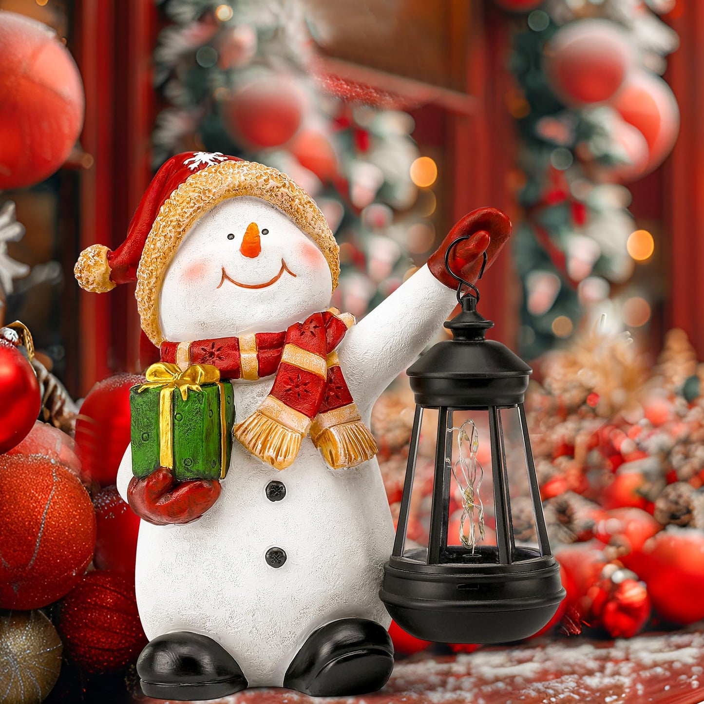 WONDHOME Solar Christmas Snowman Decoration Resin Snowman Outdoor Statue with LED Lantern for Porch Garden Patio Yard Home Decor Christmas Gardening Gifts for Women Mom