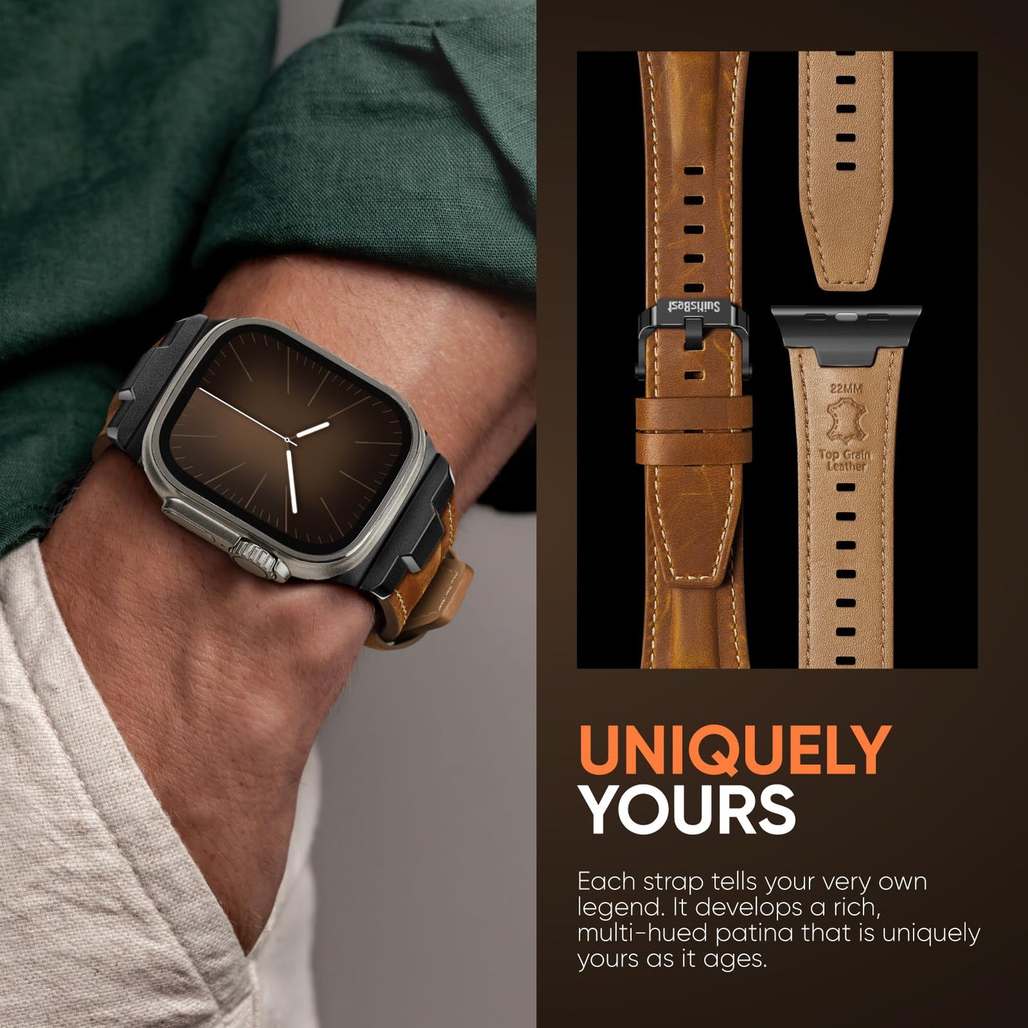 Suitisbest Leather Bands Compatible for Apple Watch Ultra Band 49mm 46mm 45mm 44mm 42mm, Genuine Leather Replacement Strap for iWatch Series 11 10 9 8 7 6 5 4 3 2 1, SE 3 2 1, Ultra 3 2 1