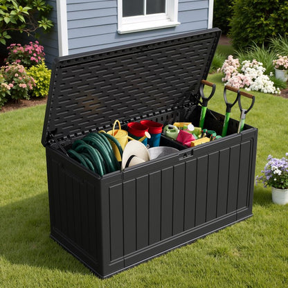Devoko 160 Gallon Double-Wall Deck Box with Divider, Side Handles, HDPE Outdoor Large Storage Box Waterproof and Lockable for Patio Furniture, Garden, Pool (Black, 160 Gallon)