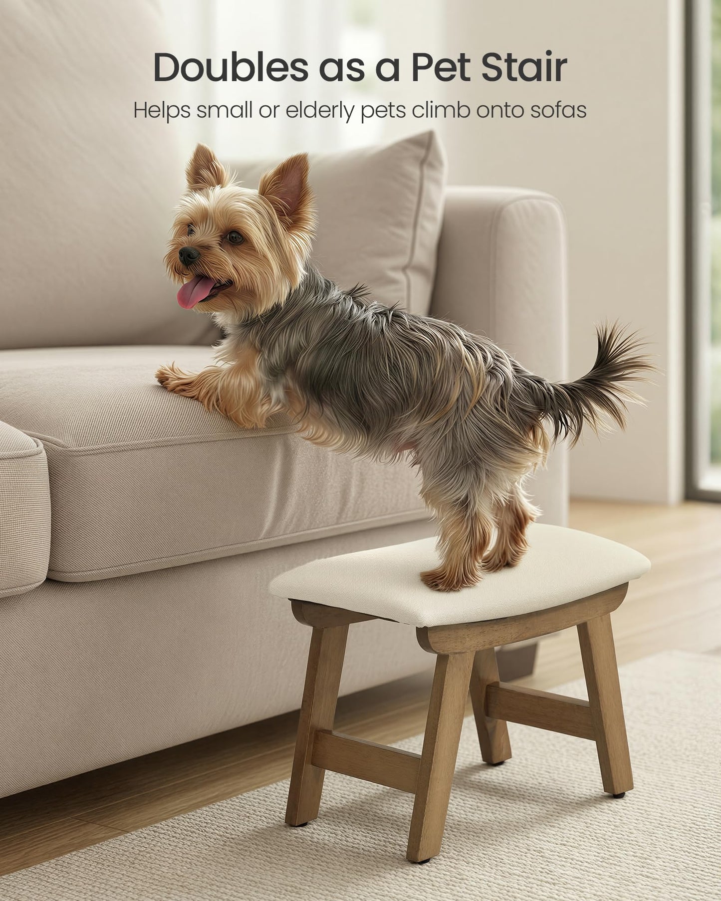 SONGMICS Foot Stool Ottoman, Padded Foot Rest Under Desk with Solid Wood Frame, Removable Cover, for Living Room, 9.8 x 15.4 x 11.8 Inches, Summer Sand and Brown ULSF052LF01