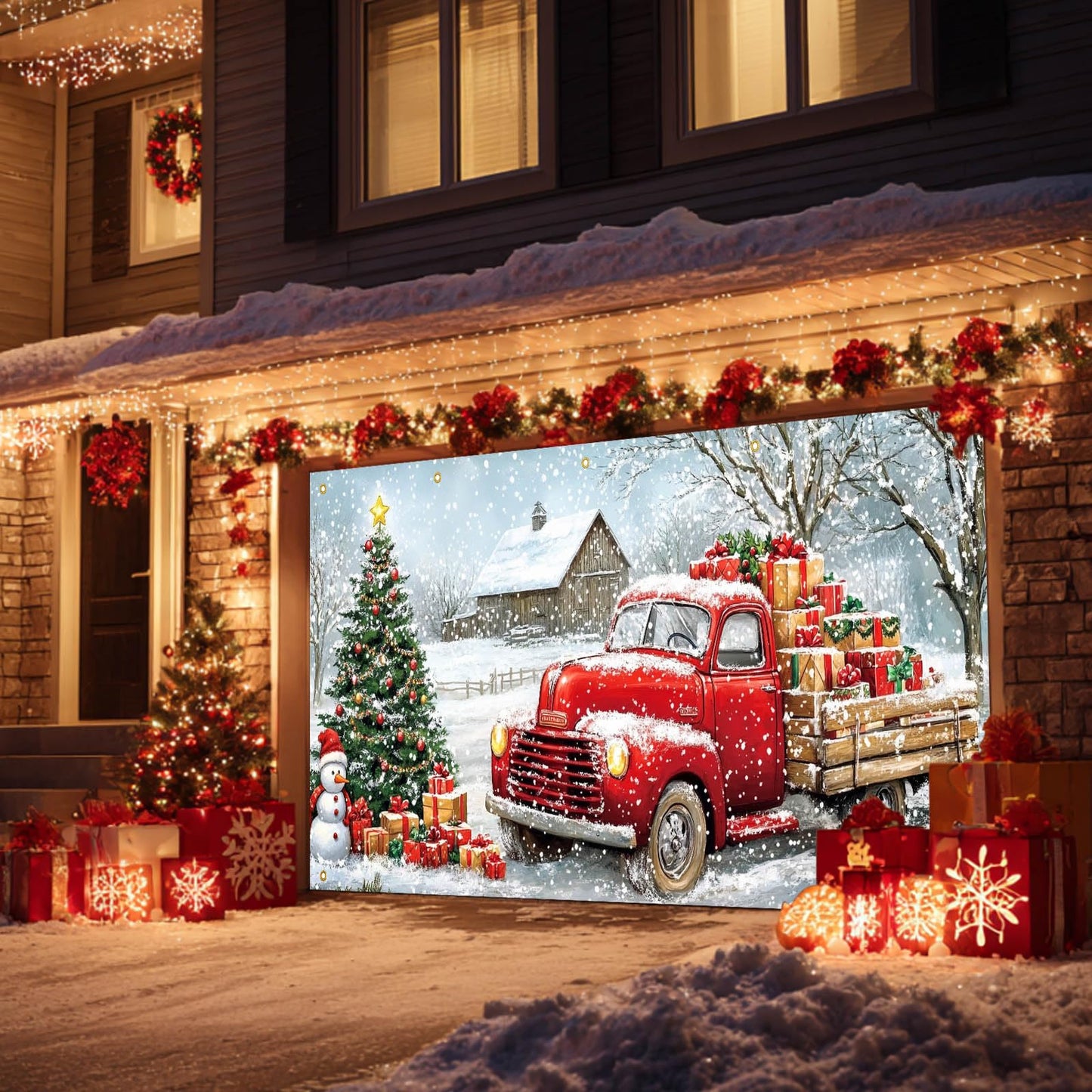 HOMETITUTE Christmas Garage Door Banner 13x6ft Red Truck Christmas Tree Snowman Barn Theme Backdrop Banners for Outside Inside Winter Door Cover Garage Wall Covering for Party Garage Decorations
