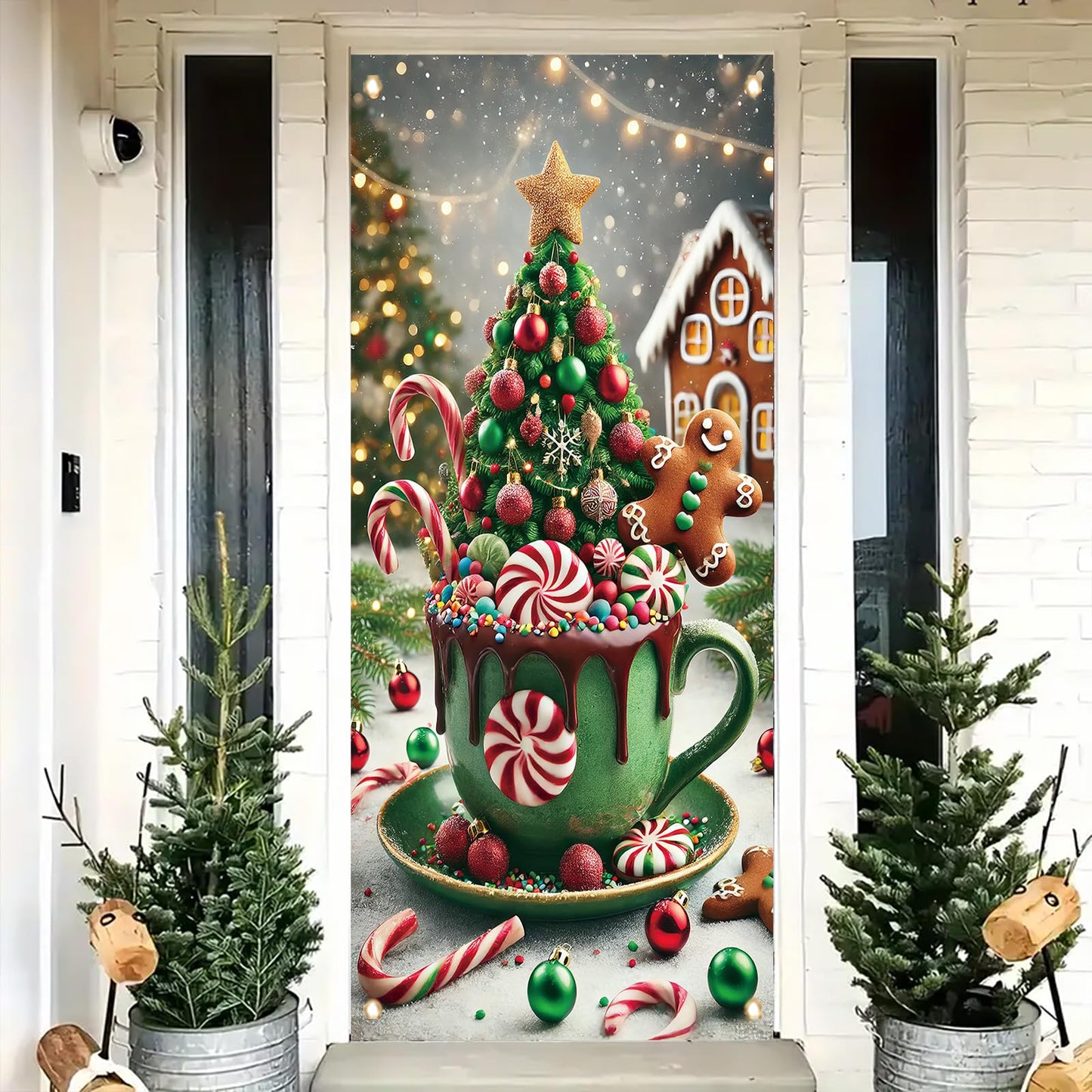 Saoplasa Christmas Door Cover Hot Cocoa Mug Banner 71 x 35 Inch Gingerbread Candy Cane Peppermint Tree Backdrop Holiday Cup Decoration for Christmas Party Wall Hanging Front Door Winter Decor