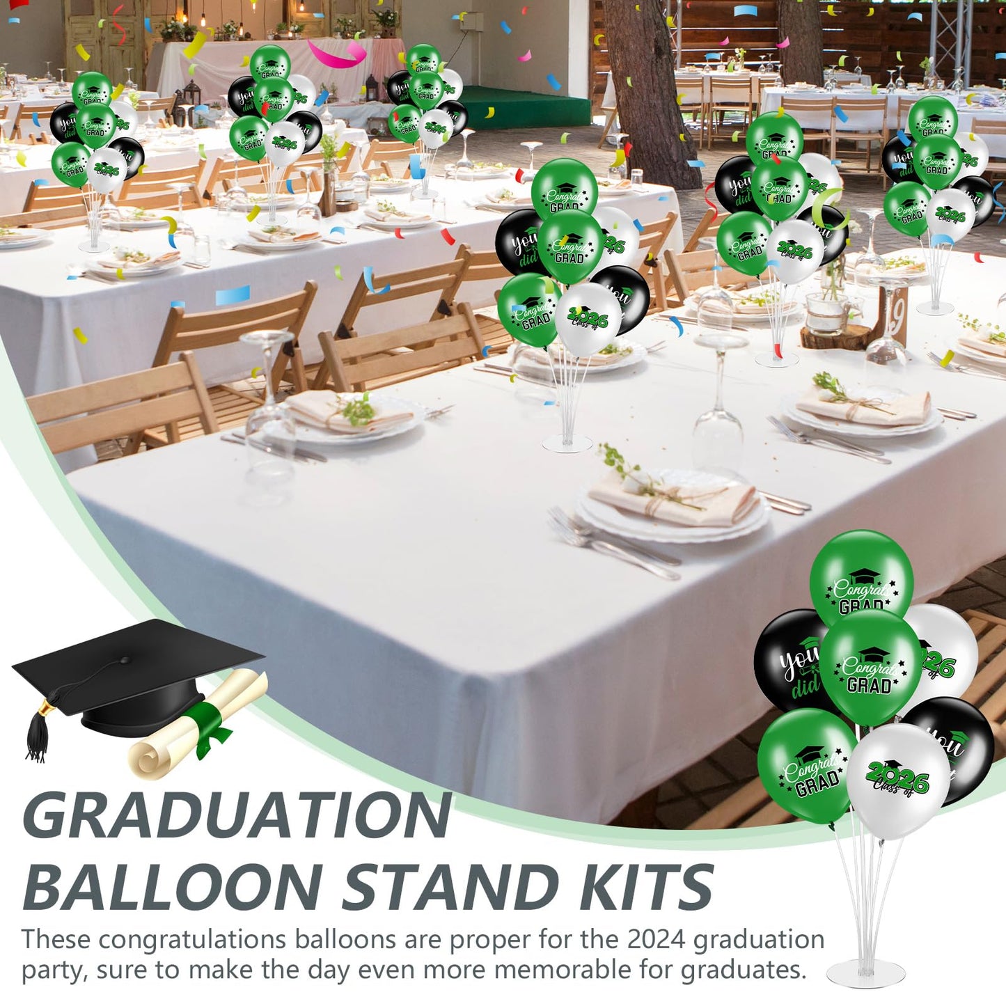 Relaxgiant 4 Set Graduation Party Balloon Stand Kits for Table Centerpieces Balloon Tables Holders with Congrats 2026 Graduation Party Decorations for School College Photo Props(Green)