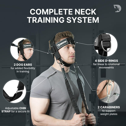 DMoose Fitness Neck Harness Plus for Weight Lifting - Soft Padded Head & Chin Strap with 30" Heavy Duty Steel Chain, 2 Bands & Door Anchor - Neck Exerciser & Strengthener (Neck Harness Plus)