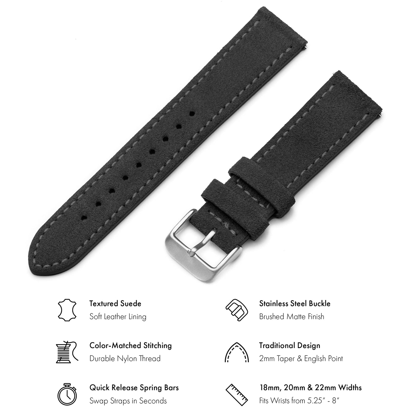 Benchmark Suede 18mm Leather Watch Band – 18mm Quick Release Watch Band with Stainless-Steel Buckle & 9 Adjustable Holes – Black Leather Watch Bands for Men & Women (18mm, Black)