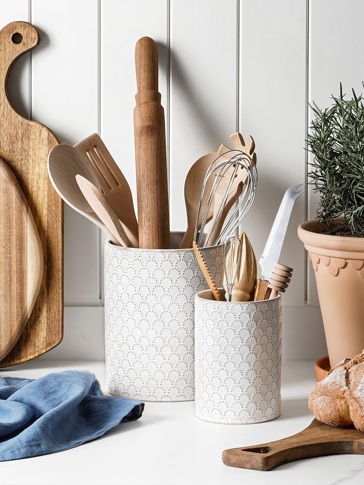 LE TAUCI Kitchen Utensil Holder for Countertop - 7.1"+5.4" Ceramic Utensil Crock Set of 2, Large Cooking Utensil Organizer for Spatula, Spoon, Whisk - Farmhouse Storage, Embossed, Fireworks