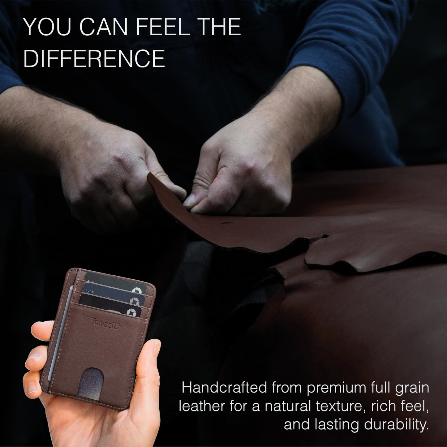 Travaci Full Grain Leather Slim Wallet for Men and Women - Small Minimalist Wallet and Leather Card Holder - Thin Front Pocket Credit Card Holder - Dark Brown