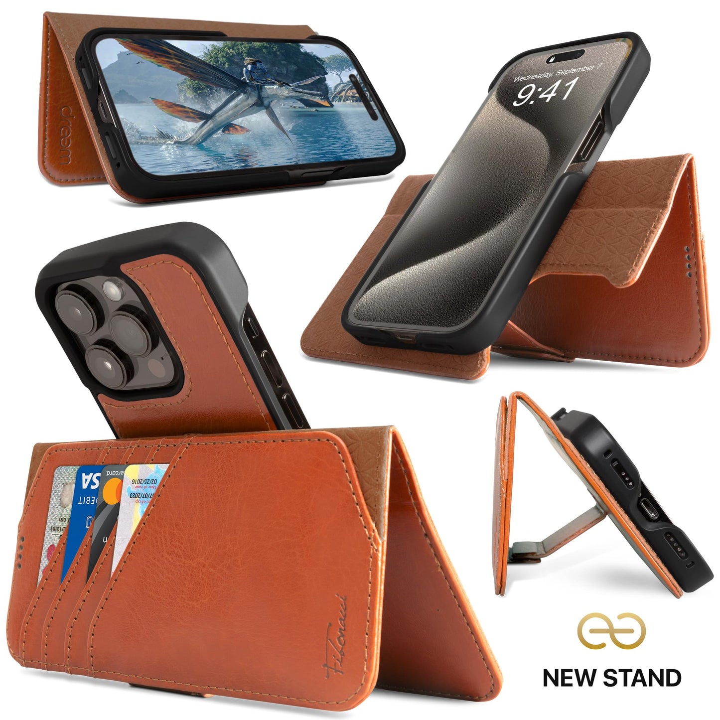 Dreem Wallet Case for iPhone 15 Pro, Revolutionary Vert/Hor Phone Stand, Magnetic Detachable Vegan Leather Flip Cover RFID Blocking Card Holder, MagSafe-Fit, Gift Box [Fibonacci: Caramel]