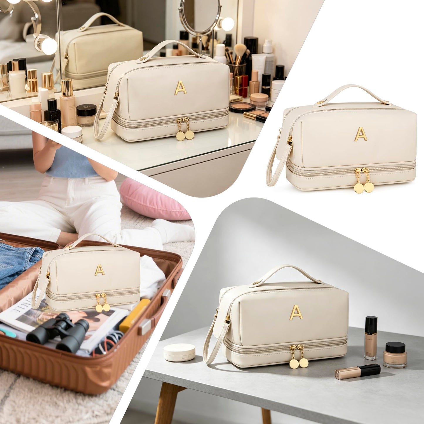 CLOUDWINGS Gifts for Women Birthday Gifts Initial Makeup Bag for Women Personalized Large Capacity Travel Toiletry Bag Cosmetic Bag Gifts for Mom-Graduation Gift for Teens Girls (Beige A)