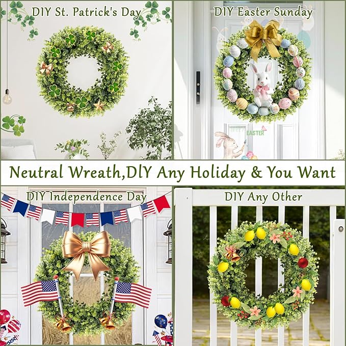 Christmas Boxwood Wreath Door Wreath 16-18In Christmas Door Wreaths for Front DoorWreath Winter Spring Summer Indoor OutdoorWreath Farmhouse Artificial Greenery Wreaths Home Decoraction
