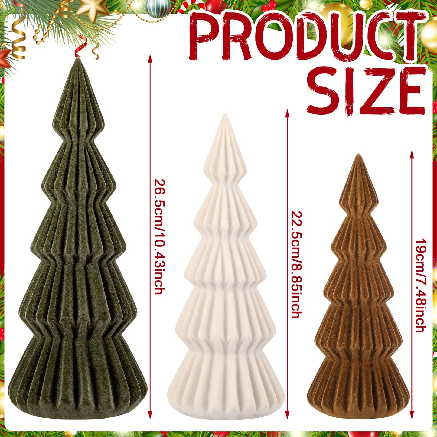 Relaxgiant Set of 3 Velvet Ceramic Christmas Trees Decoration Large Modern Velvet Cone Christmas Tree Figurine Decor Holiday Xmas Winter Indoor Home Tabletop Mantel Centerpiece(Green, Beige, Brown)