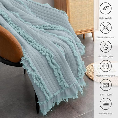 Ultra Soft Pre-Washed Quilted Boho Blue Green King Size Blankets for Bed, Ruffle Fringed Decorative Throw, Stone Washed Chic Rustic Blanket for Sofa Couch Bed, 104"*90"