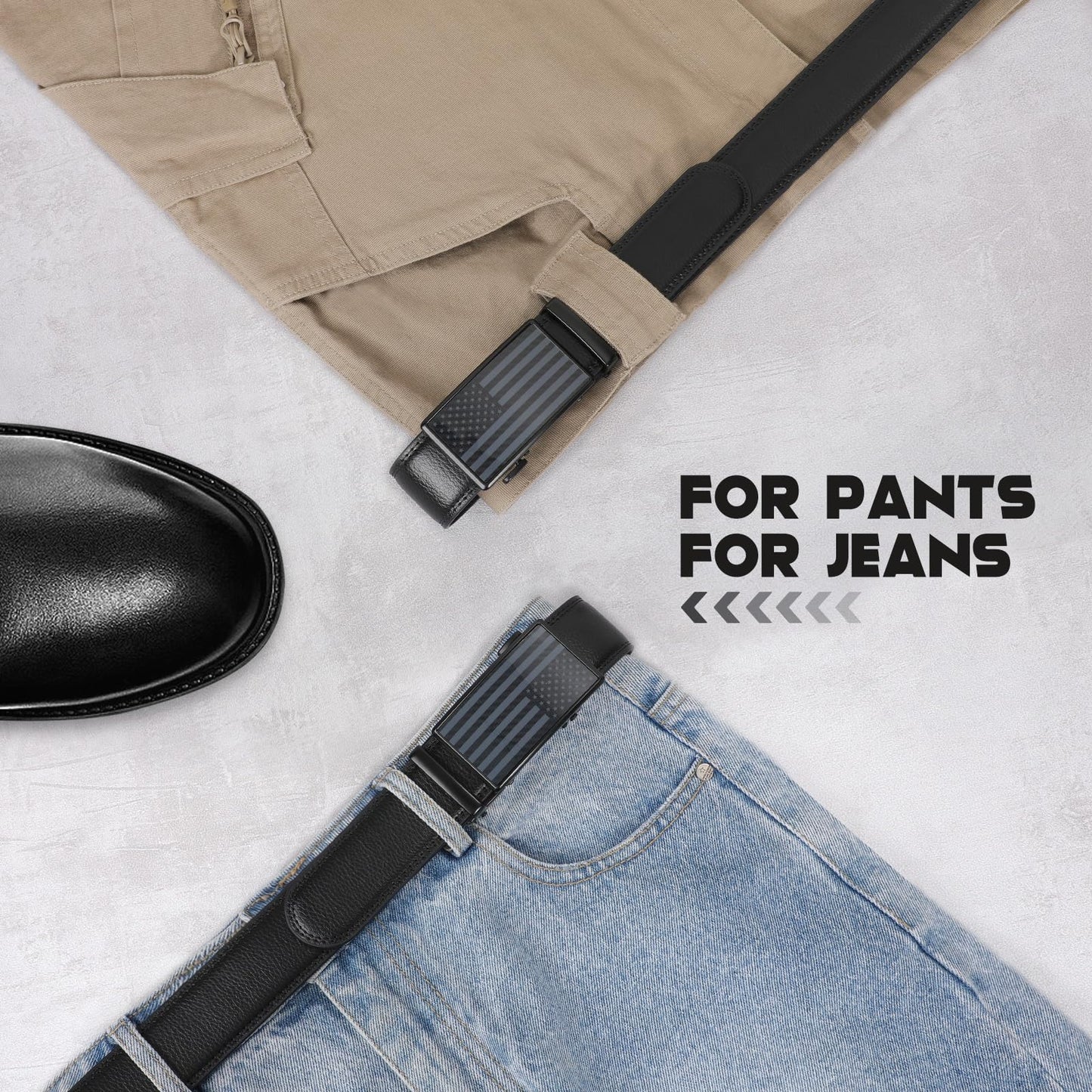 SANSTHS Mens Leather Belts Ratchet Black Dress Belt for Men with Automatic Slide Buckle Everyday Jeans Gift Belt for Him